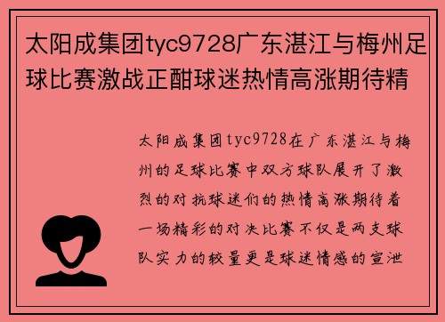 太阳成集团tyc9728广东湛江与梅州足球比赛激战正酣球迷热情高涨期待精彩对决